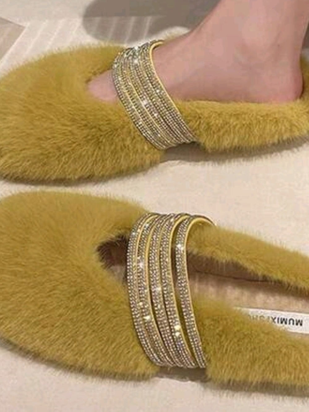 Plush Faux-Fur Yellow Slip-On Mules with Crystal Strap